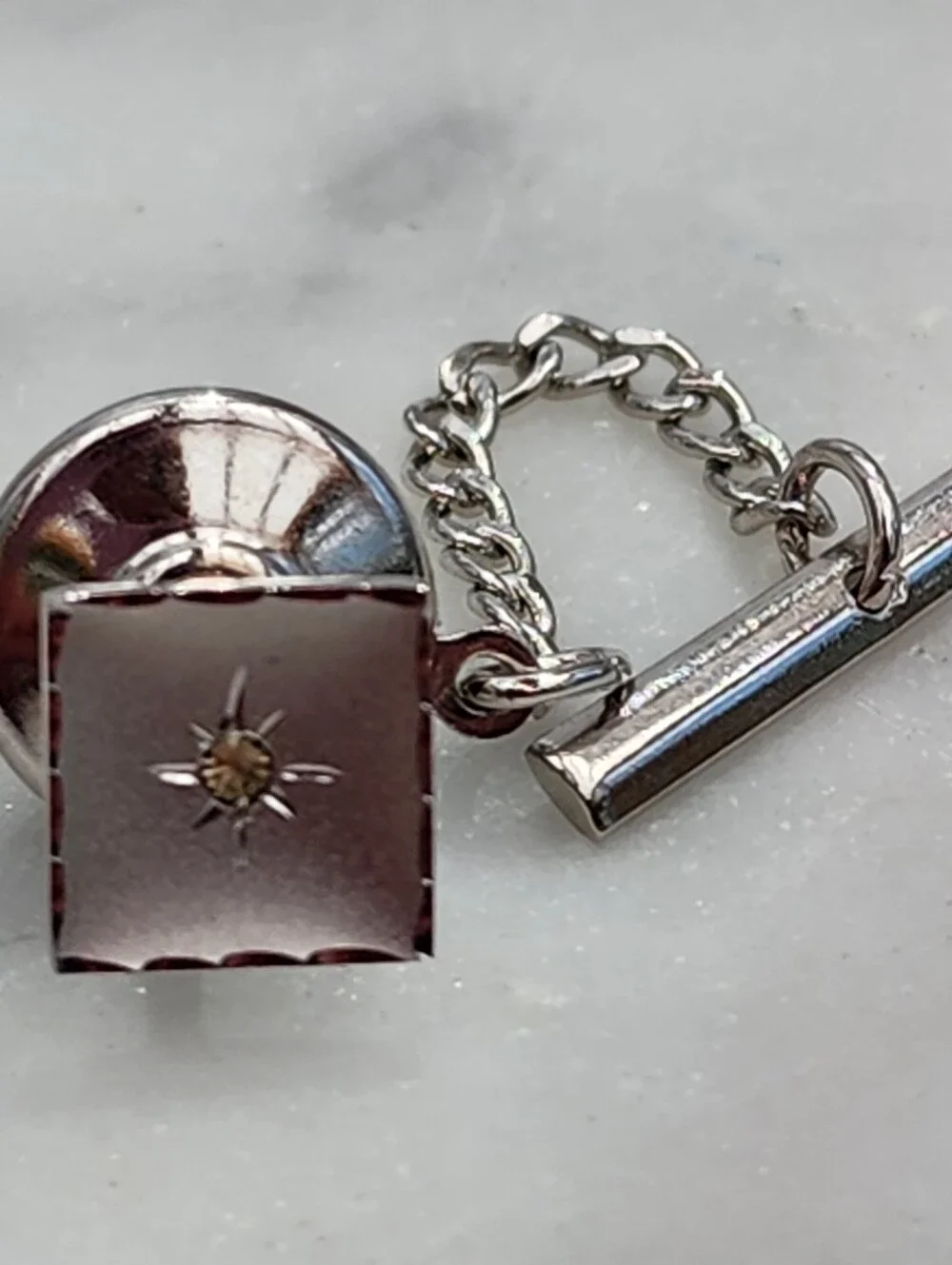 Vintage MCM Atomic Sterling Tie Tack Square Starburst Anson Small Stone Center